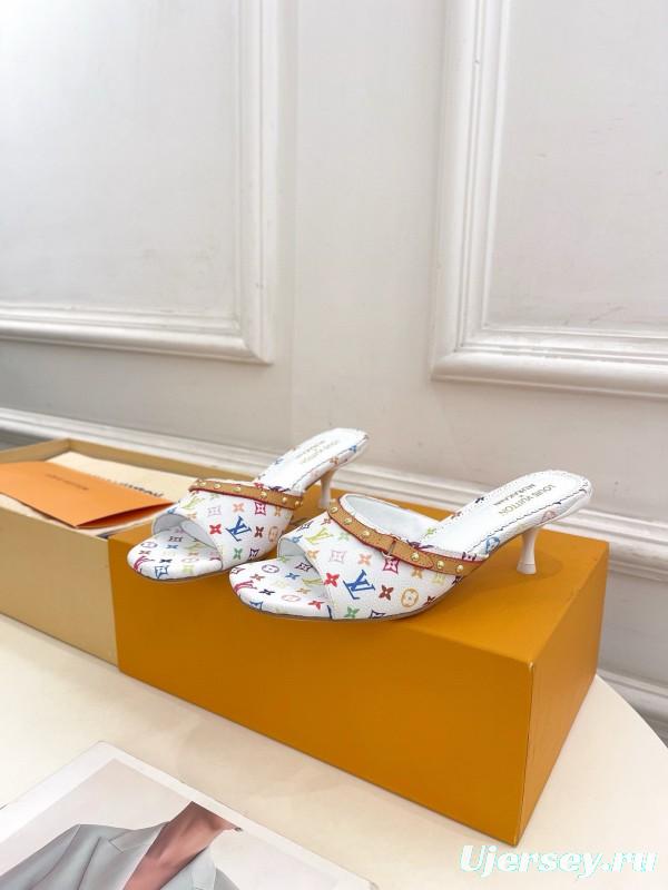 2025 Women Louis Vuitton White Rainbow Leather Slippers MJ00290