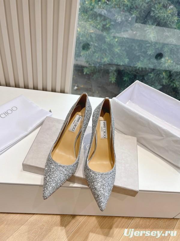 2025 Women Jimmy Choo Silver Glitter Leather Pointed Toe Pumps