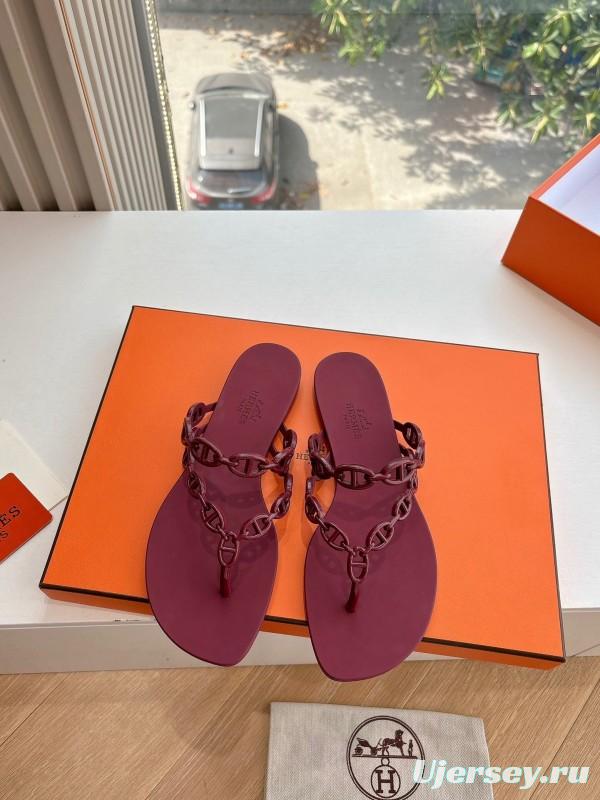 2025 Women Hermès Burgundy Leather Chain Strap Sandals G059 (F)
