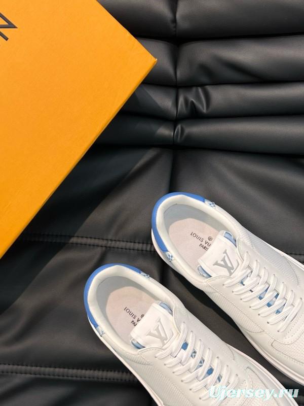 2024 Unisex Louis Vuitton White Blue Cow Leather Mesh Sneakers MJ00400