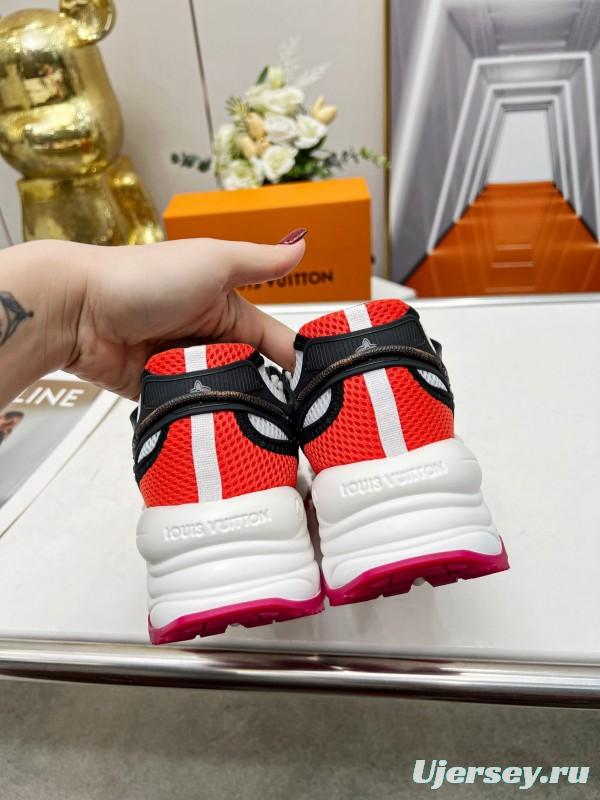 2025 Women Louis Vuitton Pink Orange Black Mesh Leather Sneakers LY00340