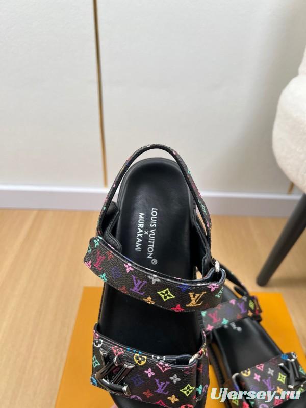 2025 Women Louis Vuitton Black Multicolor Canvas Sandals