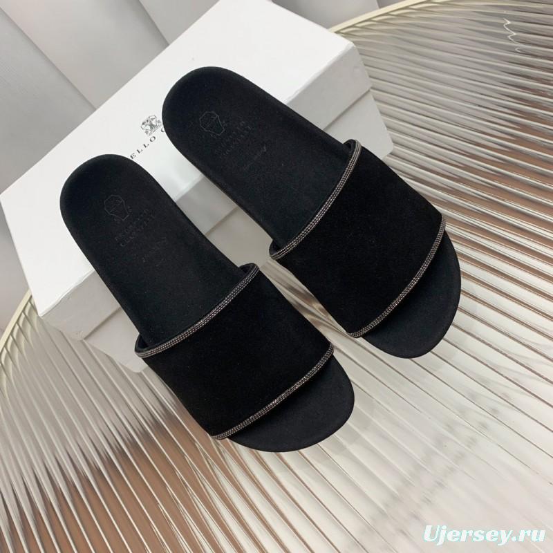 2025 Women BRUNELLO CUCINELLI Black Imported Suede Flat Sandals Handcrafted Beaded Chain Decoration KFY00240(F)