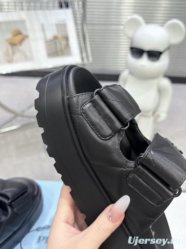 2025 Women Prada Black Leather Slippers KFY00290