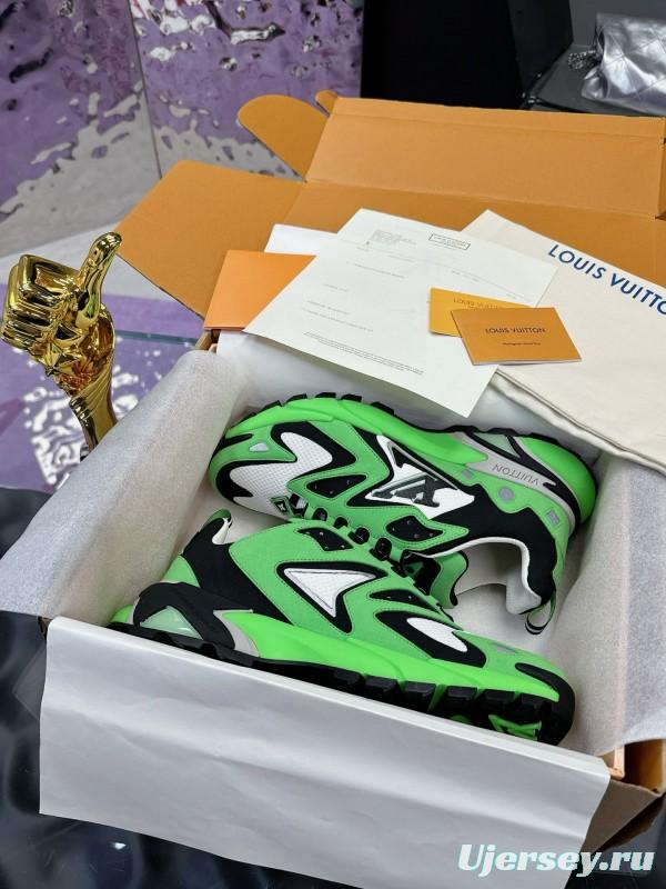 2025 Men Louis Vuitton Green Black White Mesh Leather Sneakers MJ00420