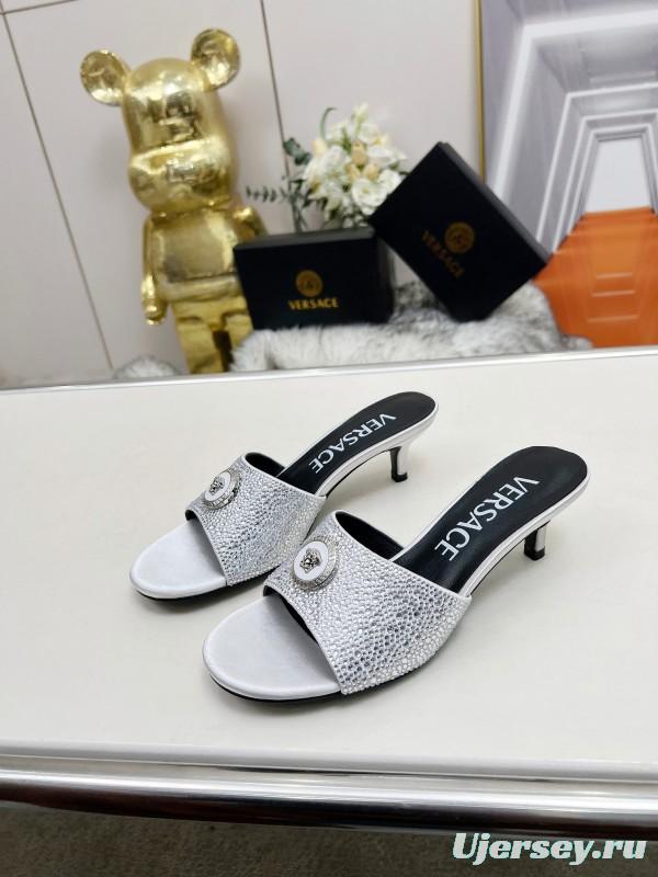 2025 Women VERSACE White Crystal Satin Mules