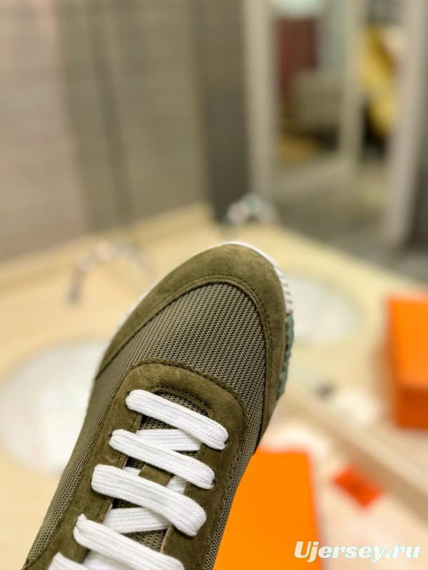 2024 Unisex Hermès Green Khaki Imported Silk Leather Sneakers MJ00320