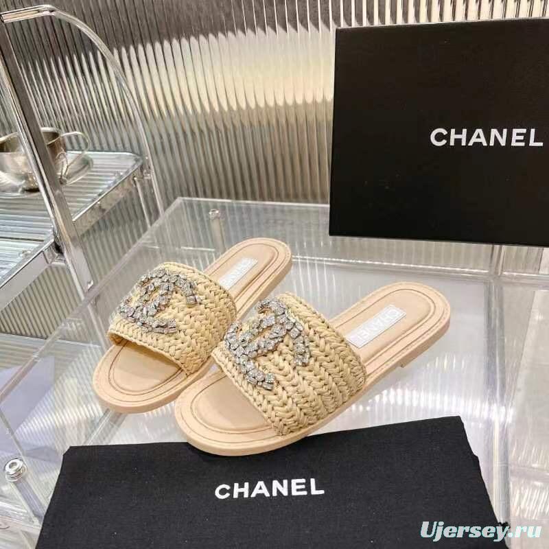 2025 Women Chanel Beige Raffia Crystal Slippers LY00270