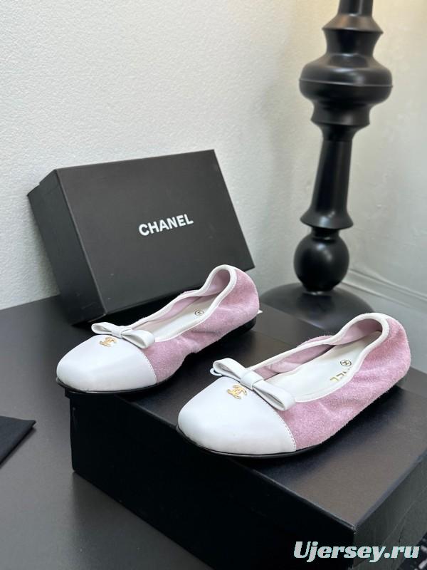 2025 Women CHANEL White Purple Leather Bow Ballet Flats Unisex LY00360(F)