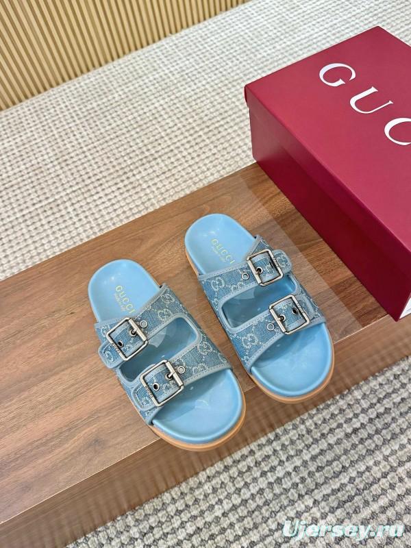 2025 Women Gucci Light Blue Canvas Leather Sandals