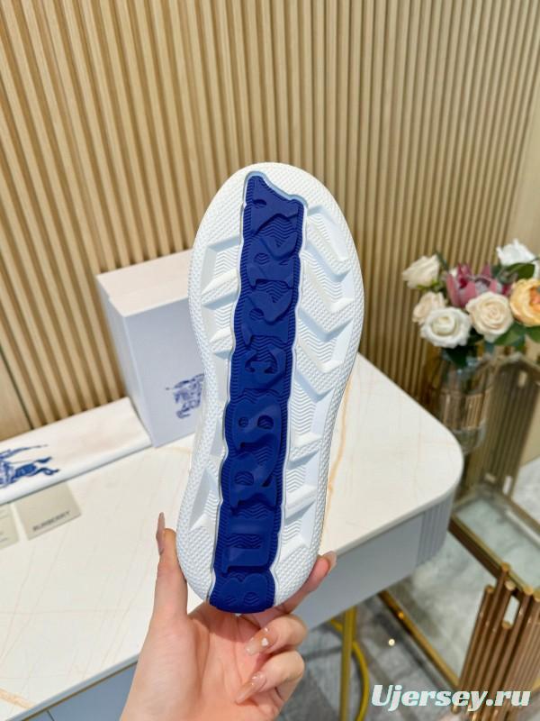 2024 Men Burberry White Blue Calf Leather Casual Sneakers MJ00330