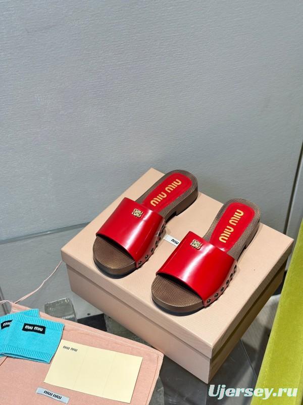 2025 Women Miu Miu Red Leather Slippers