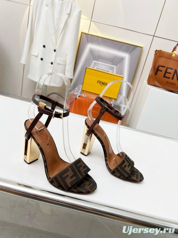 2025 Women Fendi Brown Leather Suede High Heel Sandals