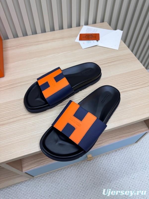 2025 Slippers Hermès Orange Navy Leather Slippers