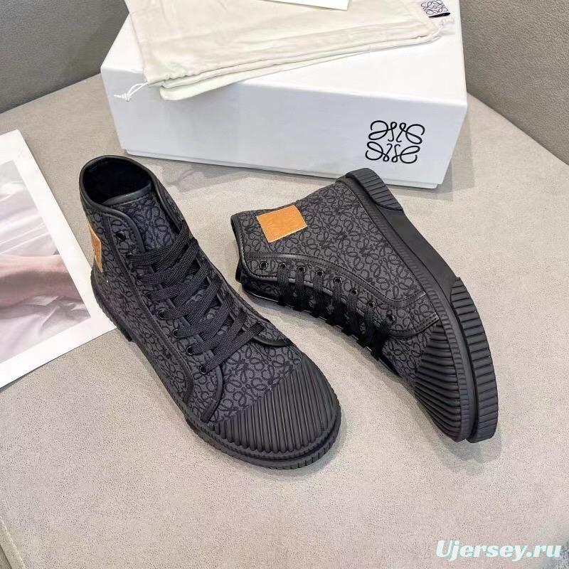 2025 Women Loewe Black Fabric Leather High-Top Sneakers LY00291