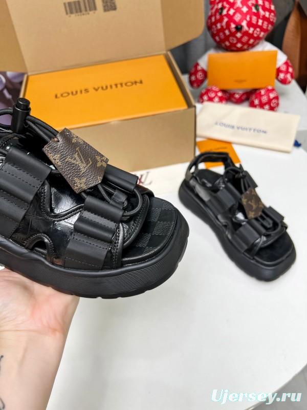 2025 Women Louis Vuitton Black Leather Fabric Sandals LV00310
