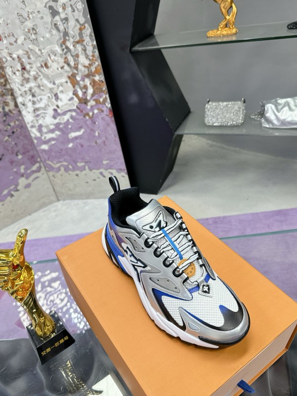 2025 Men Louis Vuitton White Blue Leather Mesh Sneakers MJ00420