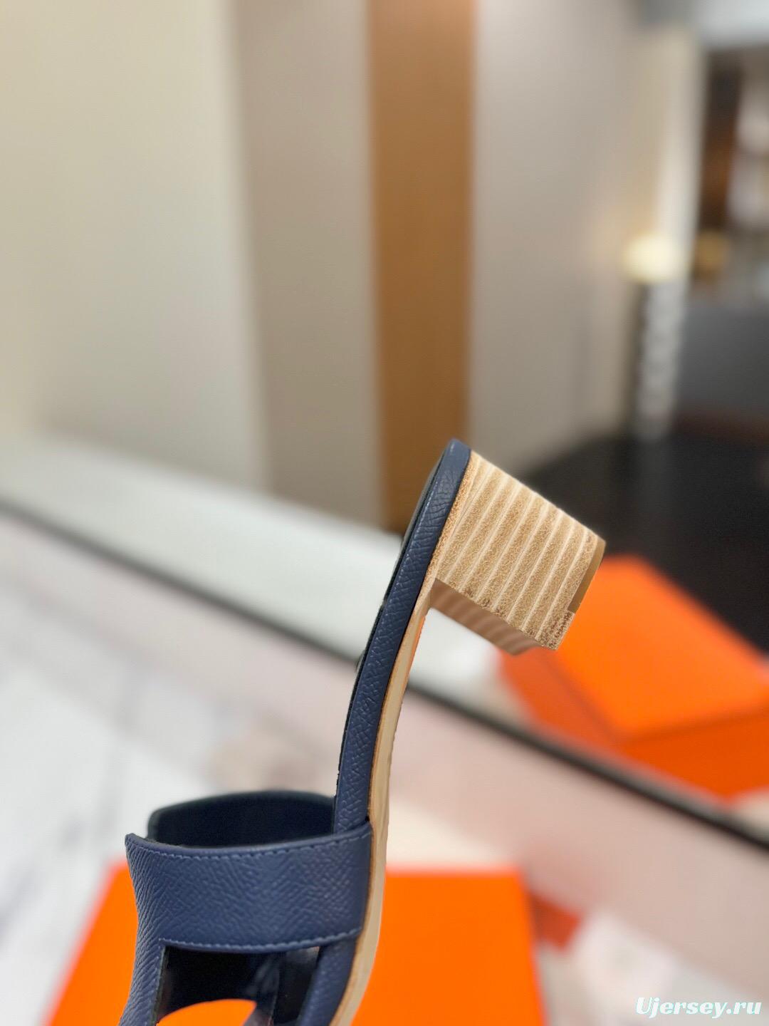 2025 Women Hermès Navy Leather Heeled Sandals