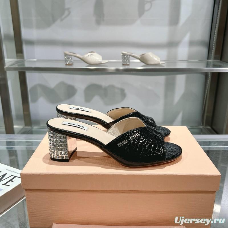 2025 Women Miu Miu Black Patent Leather Heeled Sandals