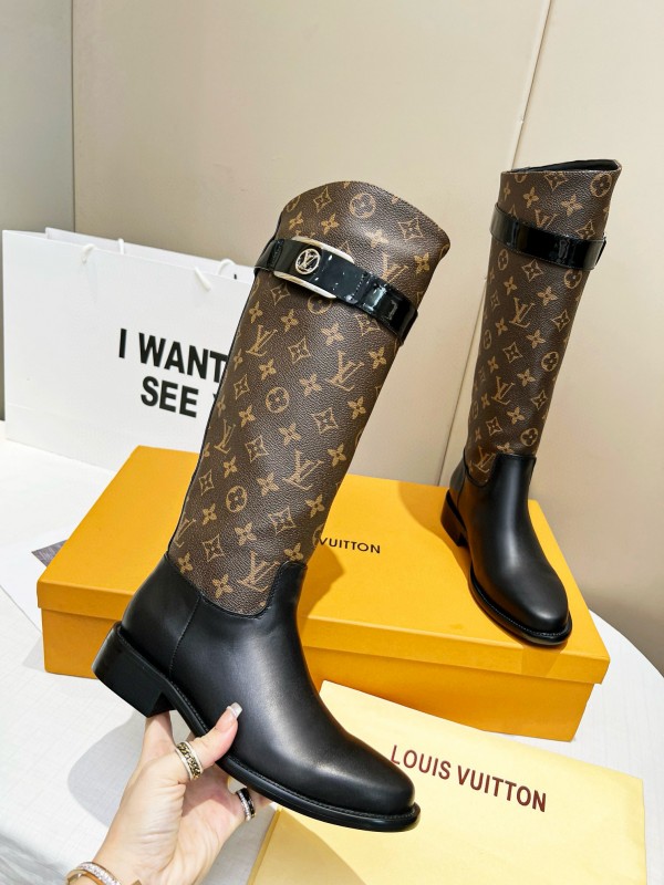 2024 Women Louis Vuitton Brown Black Leather Canvas Boots MJ00400