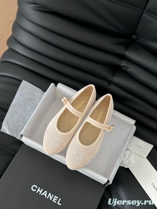 2025 Women Chanel Beige Fabric Mary Jane Embroidery LY00280