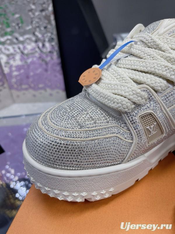 2024 Unisex Louis Vuitton White Silver Leather Trainers Crystal Embellished MJ00430