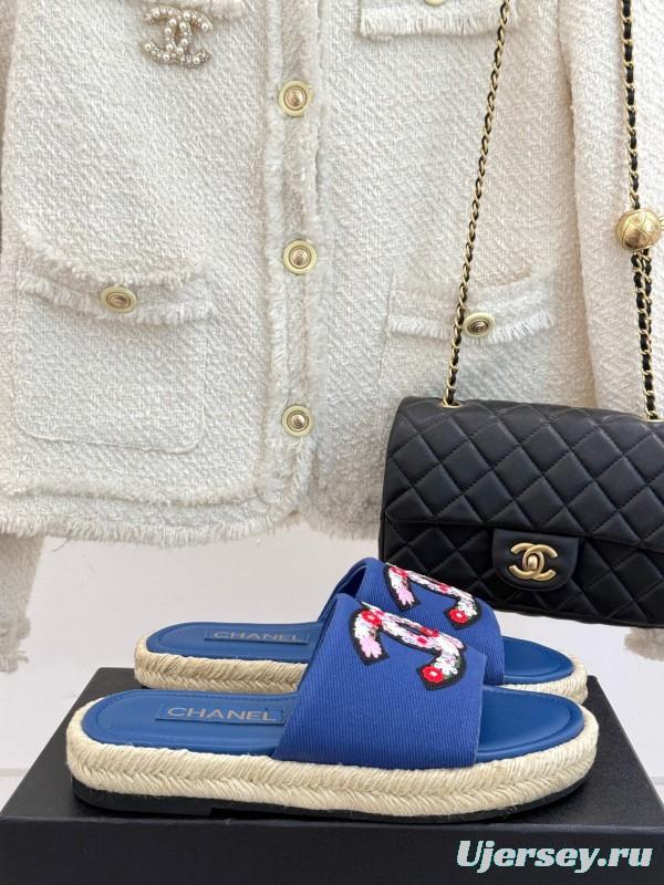 2025 CHANEL Blue Canvas Slippers Embroidered KFY00230
