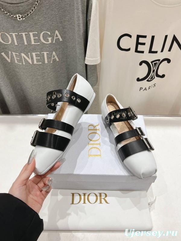2025 Women Dior White Black Leather Mary Jane Buckle KFY00300