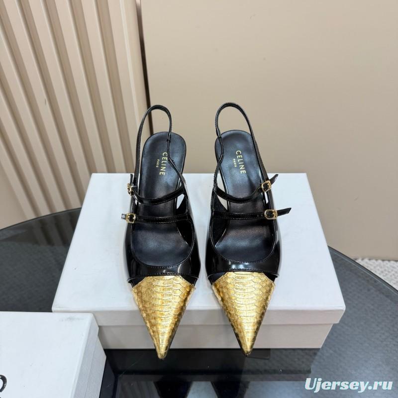 2025 Women CELIN* Black Gold Leather Pointed Toe Slingback Heels