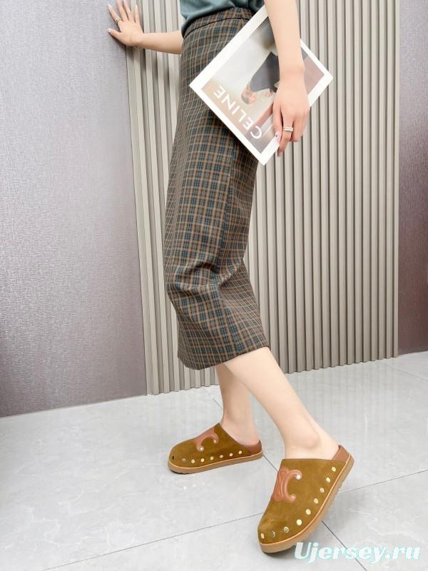 2025 Slippers Celine Brown Pink Suede Leather Studded LY00240