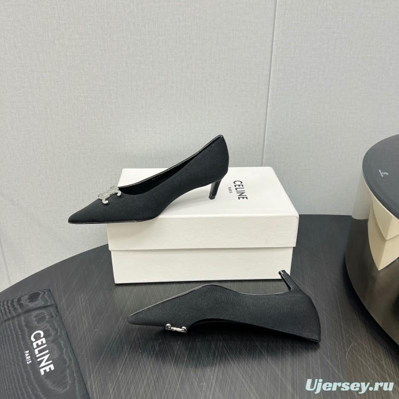 2025 Women Celine Black Fabric Pointed Toe Metal Buckle Pumps