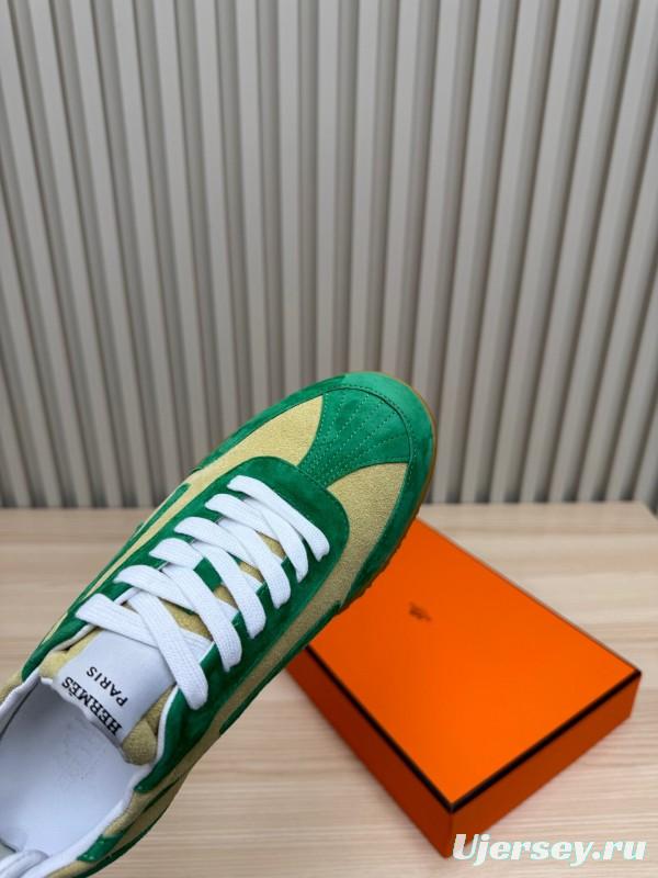 2025 Unisex Hermès Green Beige Suede Down Fabric Sneakers Top Version LY00310