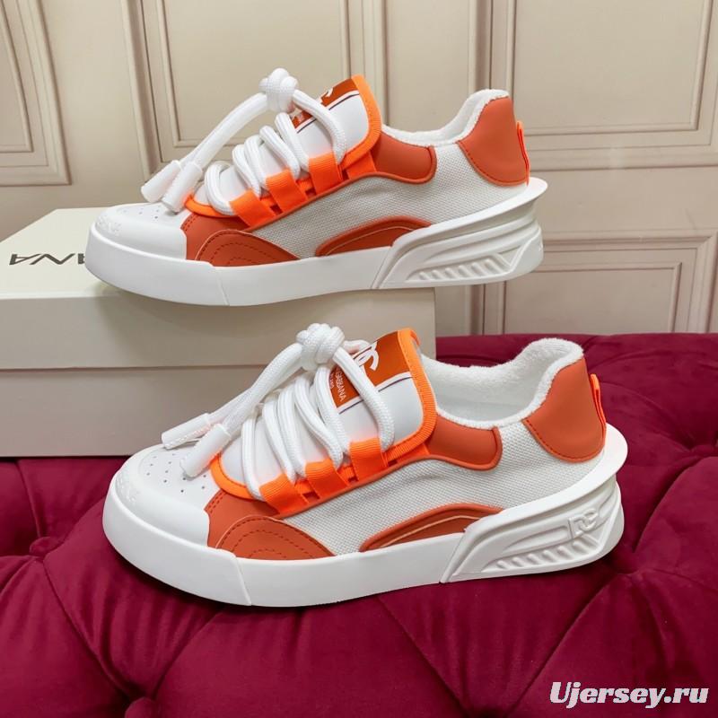 2025 Unisex Dolce & Gabbana Orange White Mesh Leather Sneakers