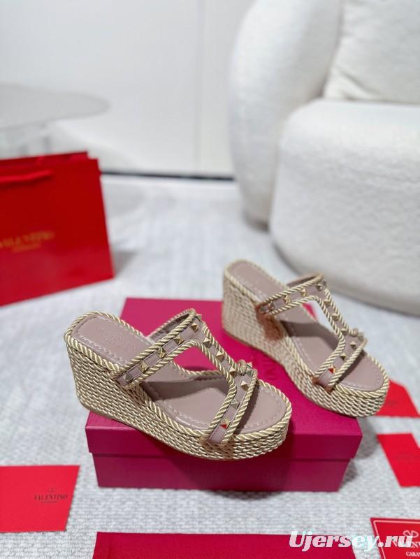 2025 Women Valentino Beige Rope Leather Wedge Sandals LY00290