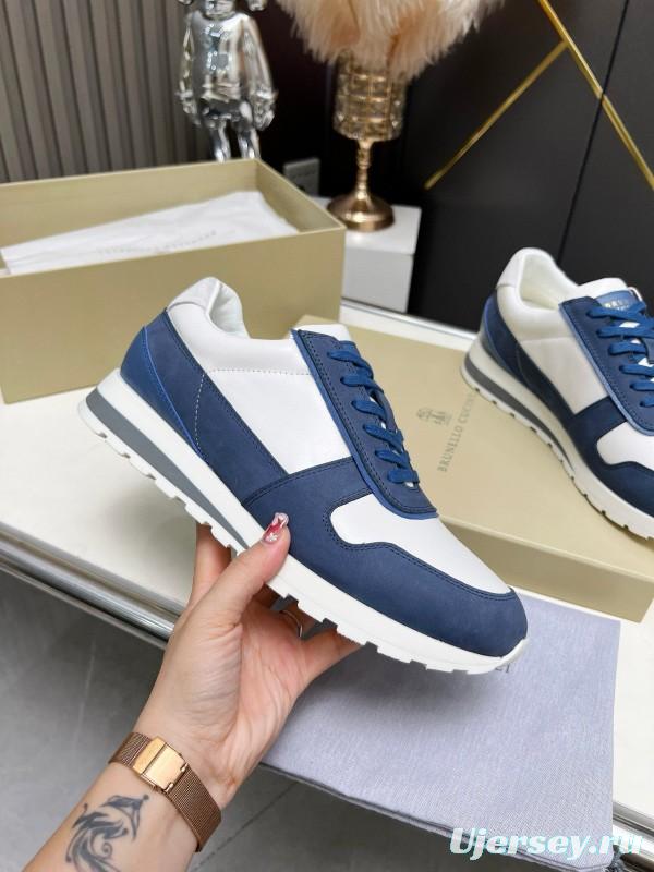 2024 Men Brunello Cucinelli Blue White Suede Calfskin Sneakers MJ00360
