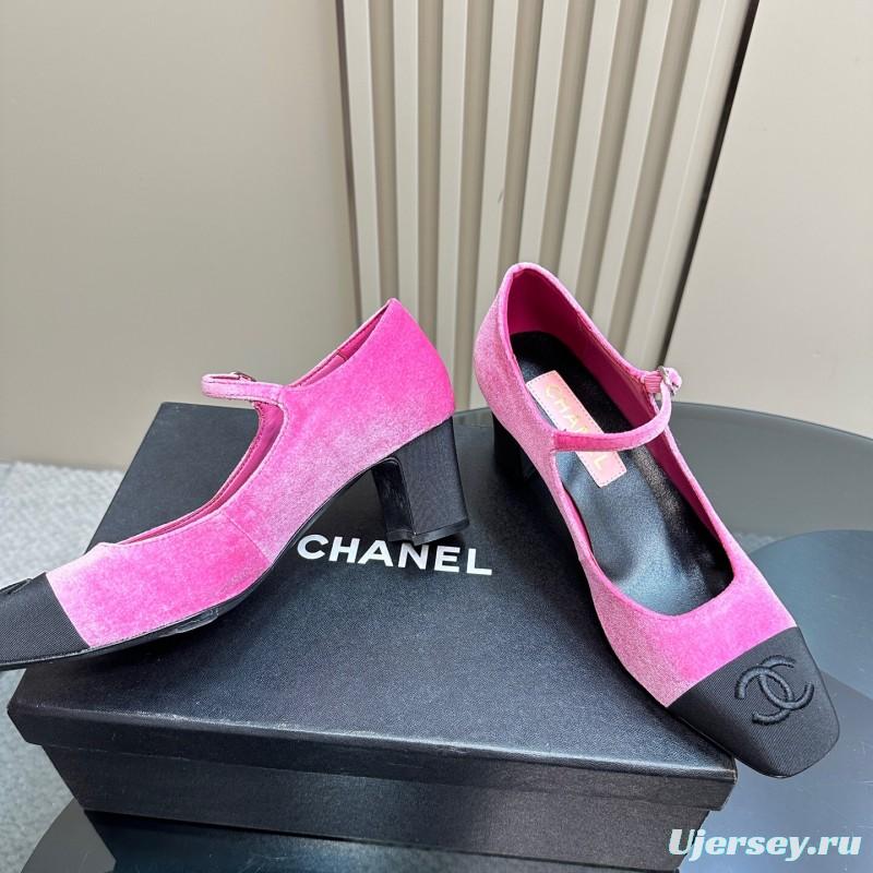 2025 Women Chanel Pink Black Velvet Mary Jane Shoes