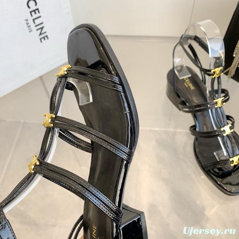 2025 Women Celine Black Patent Leather Sandals
