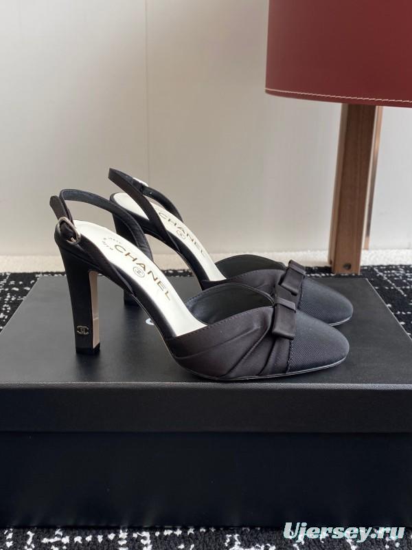 2025 Women Chanel Black Satin Leather High Heels Bow Slingback KFY00289