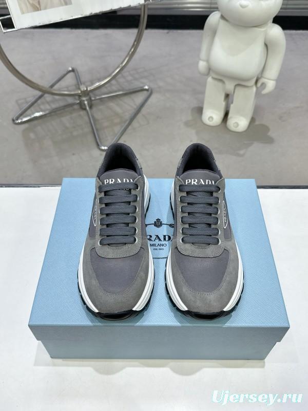 2025 Unisex Prada Grey Suede Leather Sneakers KFY00310