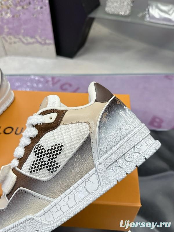 2024 Unisex Louis Vuitton White Brown Leather Mesh Plimsolls Waxed Vintage MJ00500