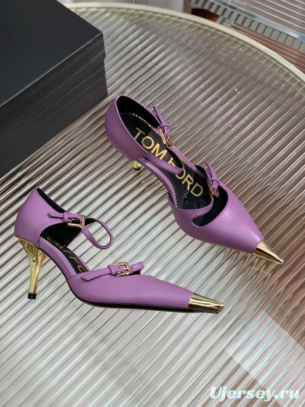 2025 Women TOM FORD Purple Gold Leather Pointed Toe Heels KFY00320