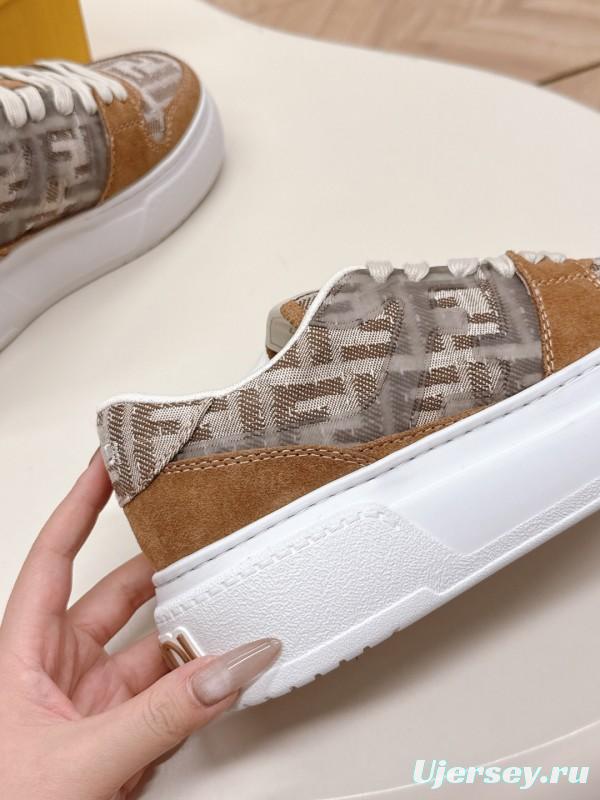 2025 Women Fendi Brown Beige Leather Mesh Sneakers LY00340