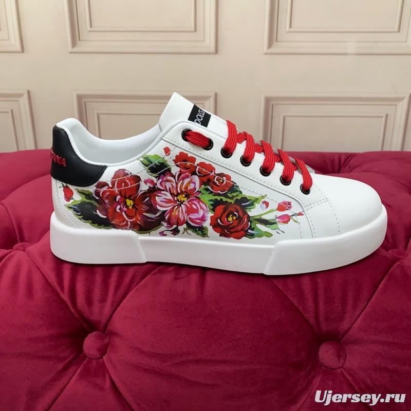 2025 Women Dolce & Gabbana White Red Leather Sneakers Floral LY00300