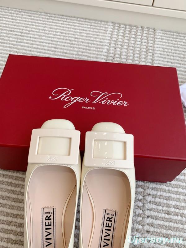 2025 Women Roger Vivier White Patent Leather Pumps Square Buckle