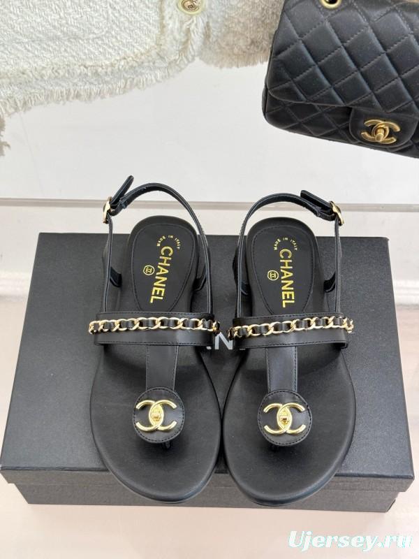 2025 Women Chanel Black Leather Sandals KFY00250