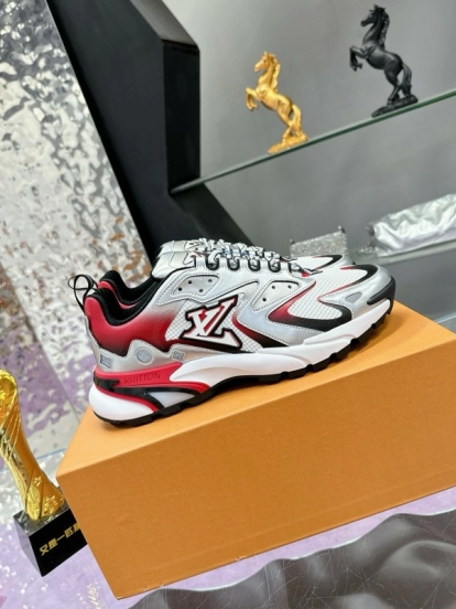 2025 Men Louis Vuitton White Red Black Leather Mesh Sneakers MJ00420