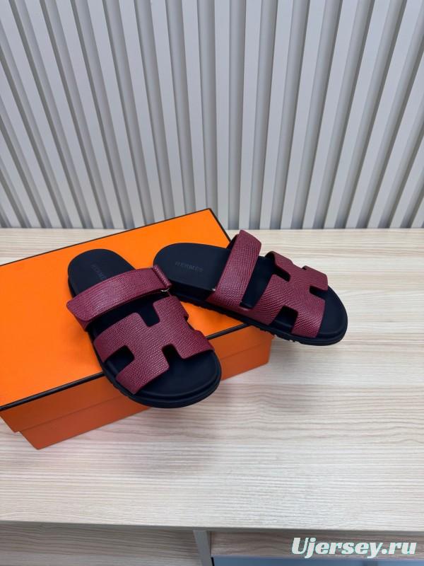 2025 Slippers Hermès Burgundy Black Leather Slide KFY00260