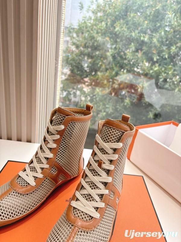 2025 Women Hermès Beige Brown Leather Mesh Boots