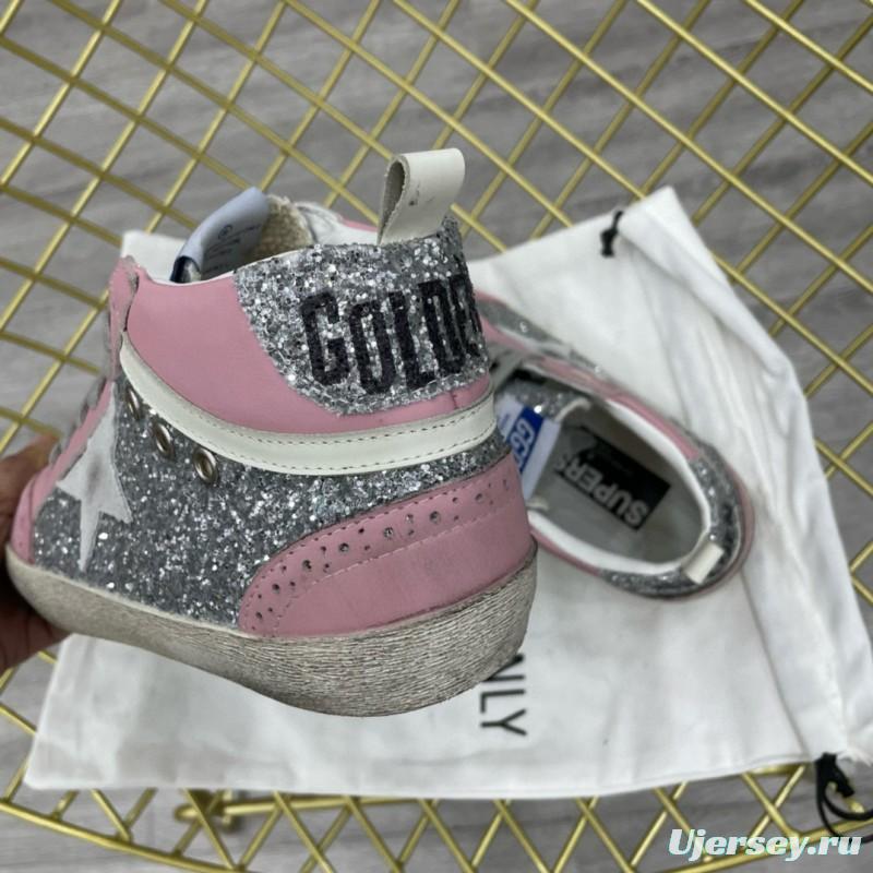 2024 Women GGDB Pink Silver Suede Leather High Top Sneakers MJ00300
