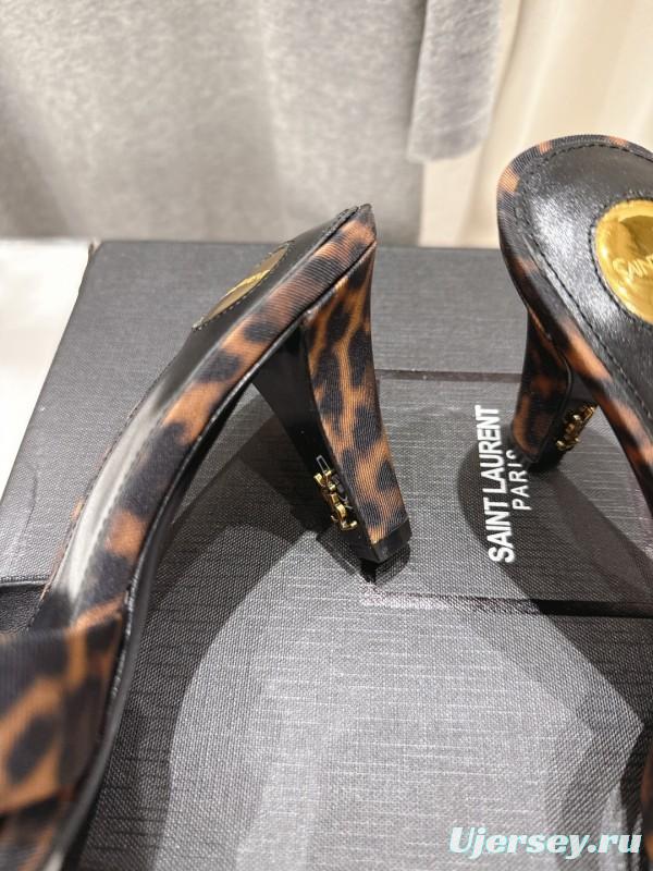 2025 Women Yves Saint Laurent Leopard Print Leather High Heel Sandals